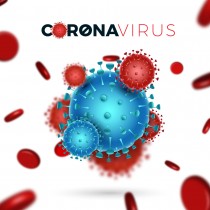 Coronavirus 2019-nCoV card. Virus Covid 19-NCP. Background with realistic red and blue viral cells and red blood cells